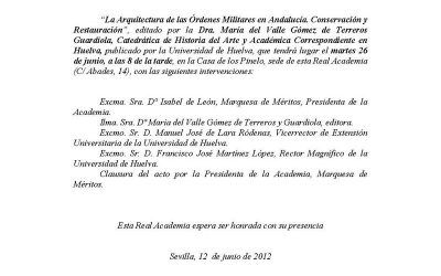 PRESENTACIÓN DEL LIBRO “LA ARQUITECTURA DE LAS ÓRDENES MILITARES EN ANDALUCÍA. CONSERVACIÓN Y RESTAURACIÓN”